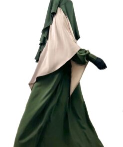 Niqab Casquette 90 cm Kaki x Maxi Khimar Classique Taupe Nude x Abaya Manches Bouffantes Kaki by Oummi Abi Moi