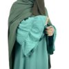 Abaya Caly Vert Opaline x Maxi Hijab Olive x Half Niqab Kaki x Gants Tactiles Sans Fleurs Taupe By Oummi Abi Moi