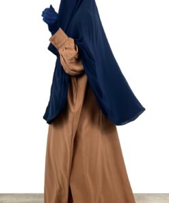 Abaya Manches Bouffantes Camel x Cape Yéménite Bleu Nuit Sans Casquette x Gants Tactiles Sans Fleur Bleu by Oummi Abi Moi