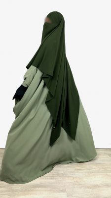 Abaya Saudi Olive x Khimar Double Kaki x Gants Tactiles Sans Fleurs Noir By Oummi Abi Moi