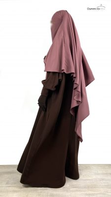 Abaya Manches Bouffantes Caviary Chocolat x Maxi Khimar Classique Taupe Rose By Oummi Abi Moi