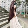 Khimar Wijdene Choco Mousseline Premium x Chemise Ani Beige Nude x Jupe Portefeuille Beige Whool Peach by Oummi Abi Moi